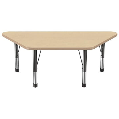 FDP Trapezoid Activity School and Classroom Kids Table (30 x 60 inch), Chunky Toddler Legs for Collaborative Seating Environments, Adjustable Height 15-24 inches - Maple Top and Maple Edge