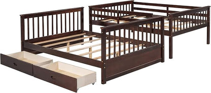 Merax Full-Over-Full Bunk Bed with Two Storage Drawers, Solid Wood Full Size Bunk Bed with Guardrail and Removable Ladder, Can be Converted Into 2 Separate Beds, Espresso