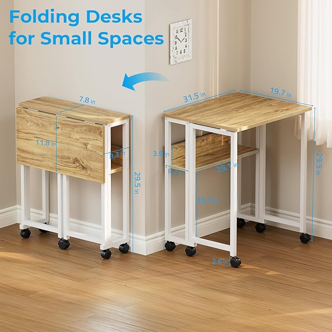 GreenForest Folding Desk with Wheels, 31.5 Inch Compact Rolling Computer Table with Storage Shelf, Portable Mobile Workstation for Small Spaces, Easy Assembly, Oak