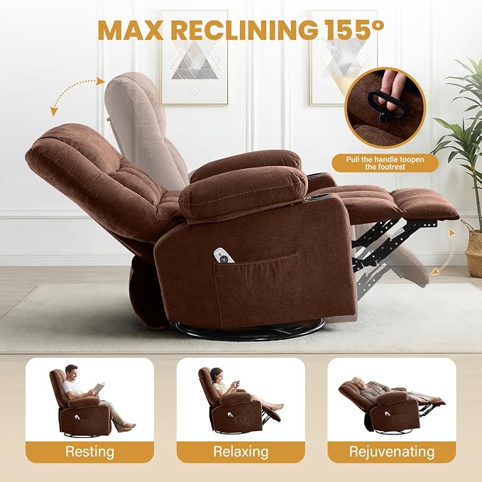 Swivel Recliner Chair for Adults with Vibration Massage and Lumbar Heat , Oversized Ergonomic Rocking Chair for Living Room and Bedroom, Featuring Side Pocket, 2 Cup Holders & USB Charge Port