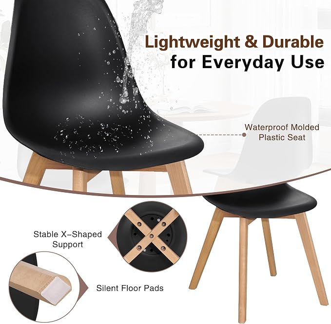 VECELO Dining Chairs Set of 4, Mid-Century Modern Kitchen & Dining Room Chairs, Molded Plastic Seat & Back, Solid Wood Legs, Armless, Non-Slip Feet, Black