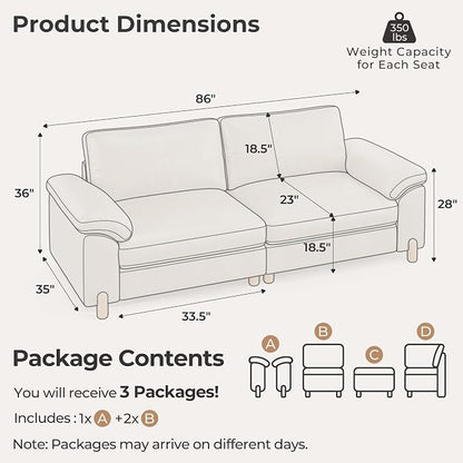 SITJOY Large Cloud Couch, 86" Wide 2 Seater Loveseat, Faux Leather in White | Pet-Friendly Scratch-Resistant Leather Sectional Sofas for Living Room, Deep Seat Wide Couch