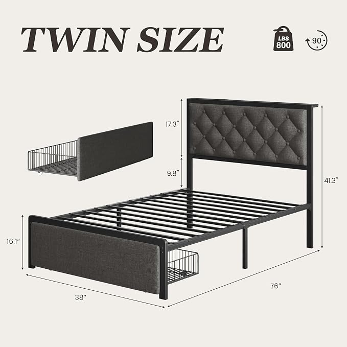 Fluest Twin Bed Frame with Storage Drawer, Upholstered Headboard Button Tufted Bed Frame with Charging Station, No Box Spring Needed, Noise-Free, All Metal Structure, Grey