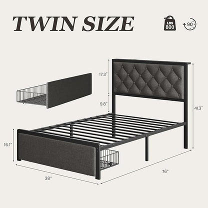 Fluest Twin Bed Frame with Storage Drawer, Upholstered Headboard Button Tufted Bed Frame with Charging Station, No Box Spring Needed, Noise-Free, All Metal Structure, Grey