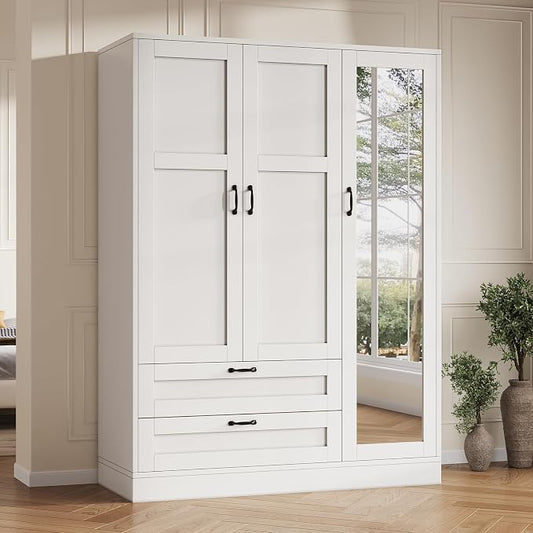 Yanosaku 5-in-1 Armoire Wardrobe Closet with Full Length Acrylic Mirror & 2 Drawers, Tall Narrow Armoire with Adjustable Shelf, Small Space Freestanding Storage Cabinet for Bedroom, White
