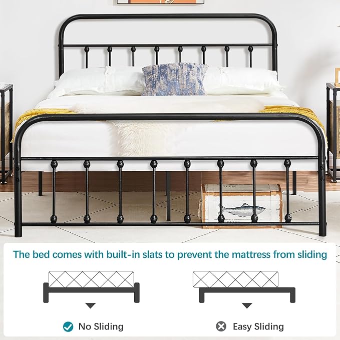 VECELO Black Metal Bed Frame Full Size with Vintage Headboard and Footboard, No Box Spring Needed, Premium Stable Steel Slat Support Mattress Foundation