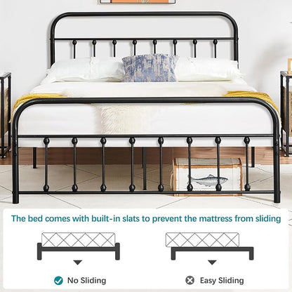 VECELO Black Metal Bed Frame Full Size with Vintage Headboard and Footboard, No Box Spring Needed, Premium Stable Steel Slat Support Mattress Foundation