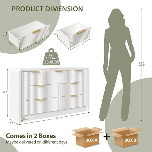 Decofy Fluted Drawers Dresser for Bedroom, Wood Dressers with Gold Handles, Modern Dressers with Wave Texture, Large Storage Chest of Drawers, Bedroom Dresser Organizer 55'' & 7 Drawers ((Pure White)