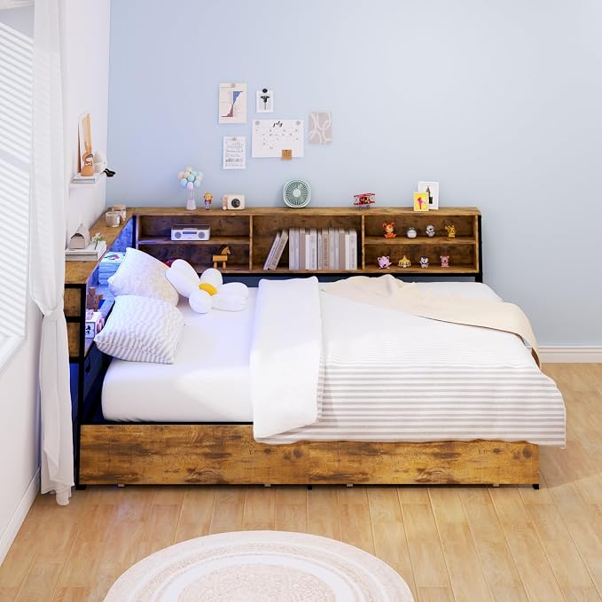KEIKI Full Size Corner Bed Frames with Storage Drawers, Charging Station, Led Light & Bookcase Headboard, Wooden & Metal L-Shaped Captain Daybed for Small Room, Bedroom, Guest Room, kids'Room, Brown