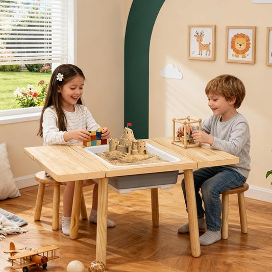 Wooden Activity Table with a Flip-Adjustable Desktop, Indoor/Outdoor Play Sand and Water, Multi-Functional Desk for Drawing Studying Dining