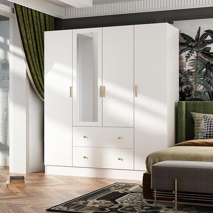 4 Door Wardrobe Armoire Closet with Mirror Door, 63" W Wooden Wardrobe Cabinet with 2 Drawers & Hanging Rod, Bedroom Armoire Dresser Wardrobe Clothes Organizer, A White