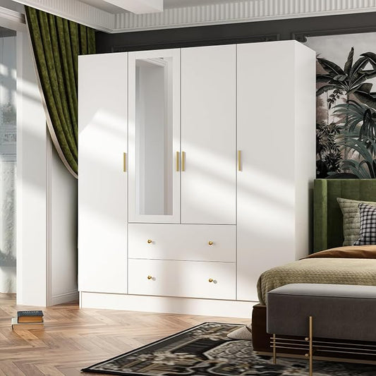 4 Door Wardrobe Armoire Closet with Mirror Door, 63" W Wooden Wardrobe Cabinet with 2 Drawers & Hanging Rod, Bedroom Armoire Dresser Wardrobe Clothes Organizer, A White