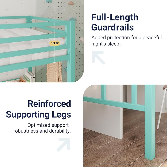 Allewie Metal Loft Bed Twin Size with Guardrail and Ladder,Green | Small Space Saving Design for Bedroom Kid Room and Dorm, No Box Spring Needed