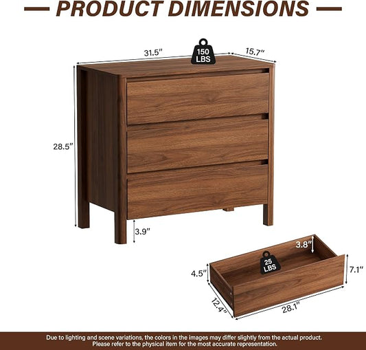 Furniway 31.5" Mid-Century Modern Dresser for Bedroom, 3 Drawer Small Chest of Drawers with Wood Legs, Large Storage Bedroom Dresser, Walnut