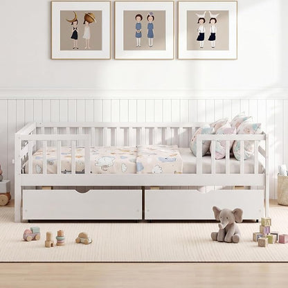 Giantex Full Kids Bed with Storage Drawers, Wood Montessori Bed with Rails & Side Shelf, Low Daybed Bed Frame for Boys Girls, No Box Spring Needed (White)