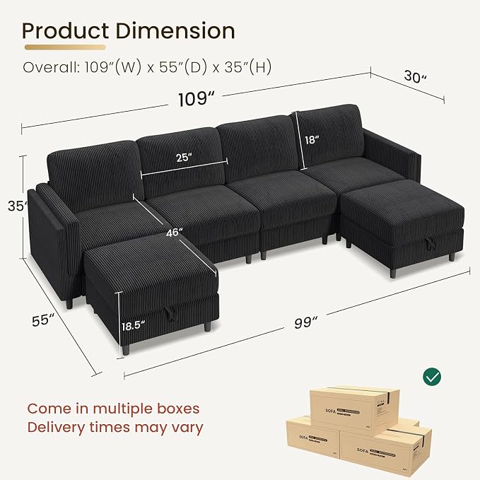 KKL 6 Seater 108‘’ Sofa Bed with Storage Ottoman - Convertible L/U-Shaped Sleeper Couch for Living Room, Modular Sectional Sofa Couch, Modern Reversible Design (Black,6 Seater U Shape)