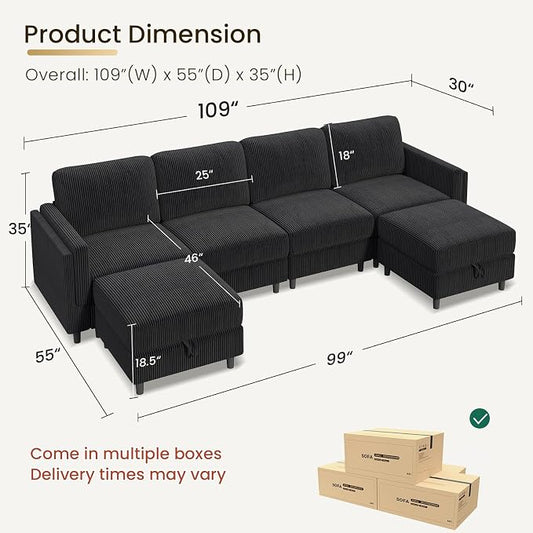KKL 6 Seater 108‘’ Sofa Bed with Storage Ottoman - Convertible L/U-Shaped Sleeper Couch for Living Room, Modular Sectional Sofa Couch, Modern Reversible Design (Black,6 Seater U Shape)