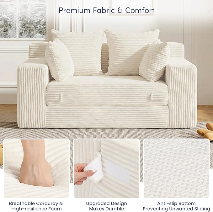 cidludto Convertible Sofa Bed, Boneless Couch 2 in 1 Loveseat Folding Couch Bed Foldable, Boneless Chair Bed & Futon Sofa, Small Couch Corduroy Pull Out Sofa with 4 Pillows for Living Room, Beige
