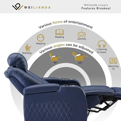 Weilianda Home Theater Seating Top Grain Leather Zero Gravity Recliner Chair Power Headrest Recline Movie Seat Gaming 7 Colors Mood Light Sofa with Tray Table USB Charge Row of 3 Loveseat Left Blue