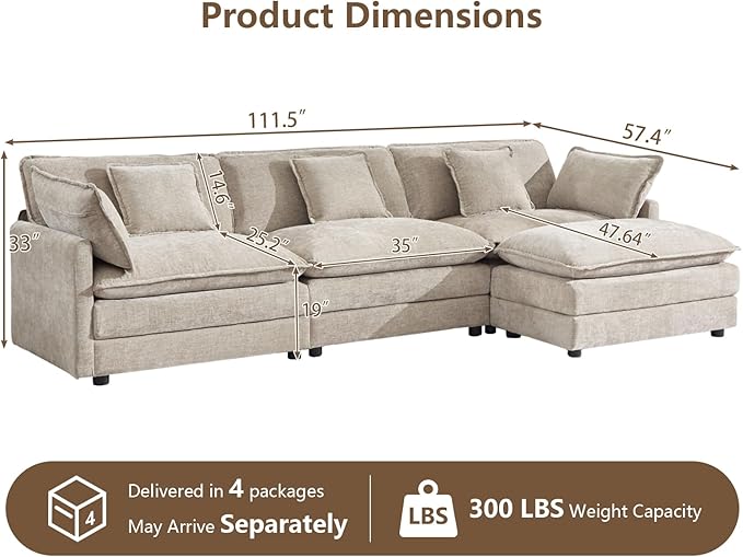 111.5" Modular Sectional Sofa, Large L Shaped Sectionals Cloud Couch, Big Comfy 3-Seat Couch with Ottoman, 4 Seater Chenille Sectional Sofa with Deep Seat and 5 Pillows for Living Room- Camel