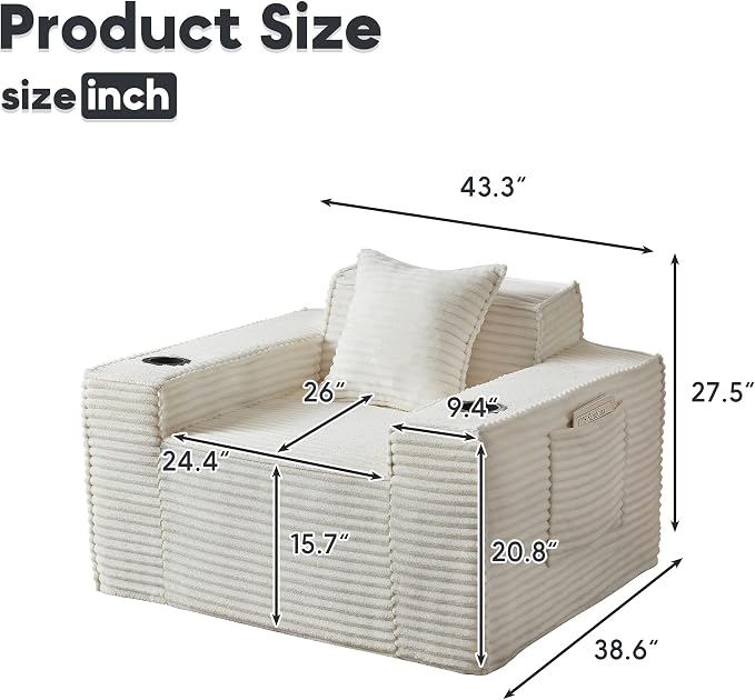 Boneless Sofa Couch with Cup Holders & Side Pockets, Modern Corduroy Fabric Deep Seat Single Cloud Couch for Reading Living Room Office, No Assembly (White)