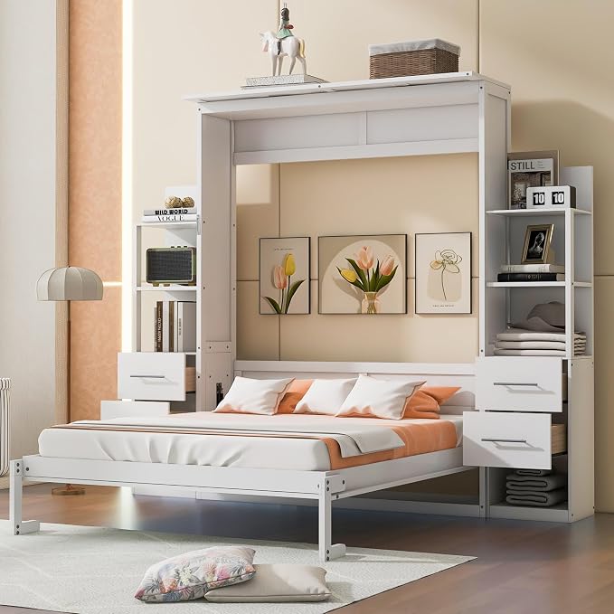 Queen Murphy Bed Cabinet, Space Saving Wall Bed with Storage and Lights | Flexible slats support an 8-inch mattress, while 2 four-layer shelves and 4 drawers help keep essentials organized