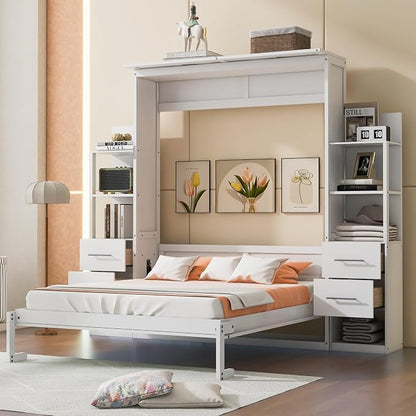 Queen Murphy Bed Cabinet, Space Saving Wall Bed with Storage and Lights | Flexible slats support an 8-inch mattress, while 2 four-layer shelves and 4 drawers help keep essentials organized