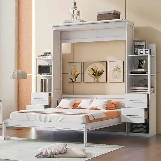 Queen Murphy Bed Cabinet, Space Saving Wall Bed with Storage and Lights | Flexible slats support an 8-inch mattress, while 2 four-layer shelves and 4 drawers help keep essentials organized