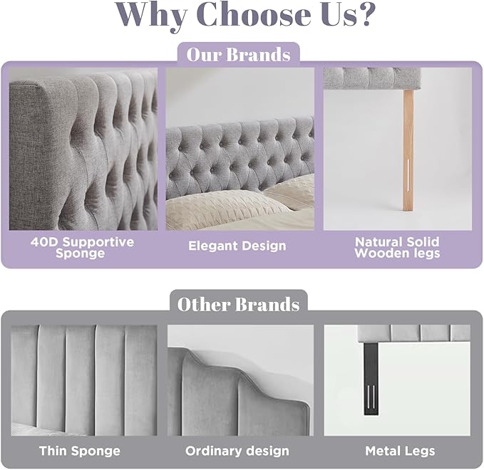 Upholstered Queen Headboard Only, Premium Linen Button Tufted Headboards, Adjustable Solid Wood Head Board, Padded Headboard with Solid Wood Legs in Bedroom (Grey)
