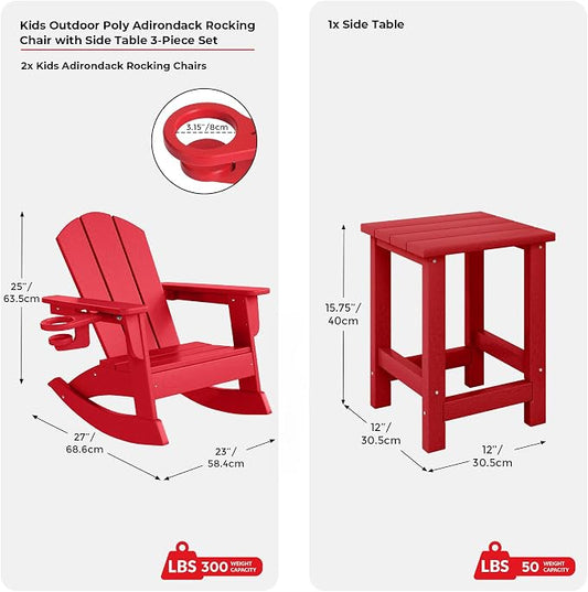 Costaelm Paradise 3-Piece Kids Table and Chairs Set with Toddler Rocking Chairs and Cup Holders, Red