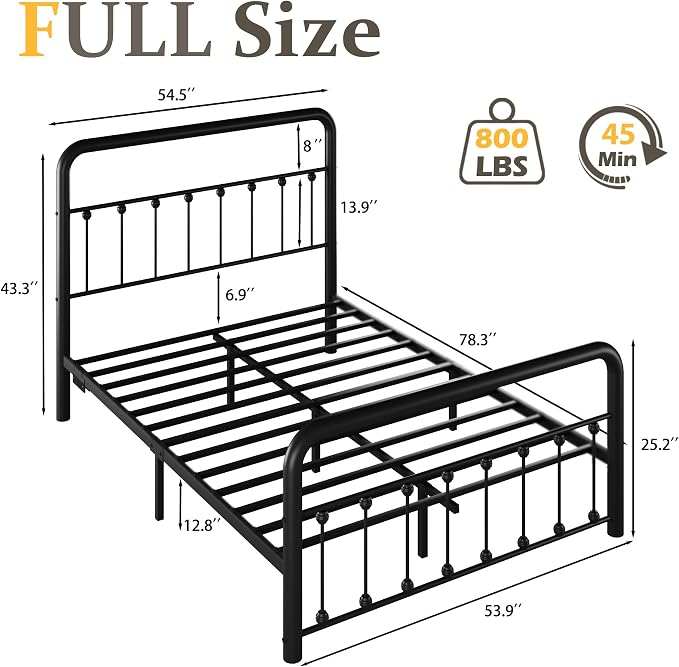 Fluest 14 Inch Full Bed Frame Classic Metal Platform Bed Frame with Charging Station & LED, Victorian Style Iron-Art Headboard/Footboard, Under Bed Storage, No Box Spring Needed, Noise Free