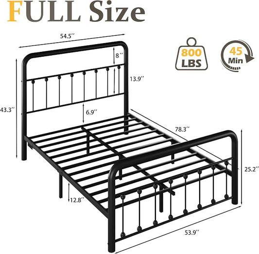 Fluest 14 Inch Full Bed Frame Classic Metal Platform Bed Frame with Charging Station & LED, Victorian Style Iron-Art Headboard/Footboard, Under Bed Storage, No Box Spring Needed, Noise Free