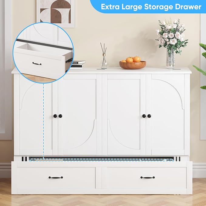 Mjkone Queen Size Murphy Bed Cabinet with Mattress Included, USB Charging Station, Storage Drawer, Panel, 63.39" Width Chest Cabinet Murphy Beds for Guest Room Small Spaces Saving Home Offices, White