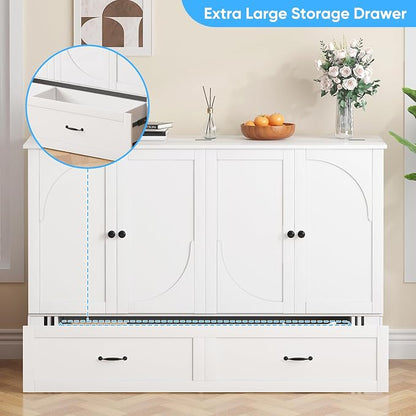 Mjkone Queen Size Murphy Bed Cabinet with Mattress Included, USB Charging Station, Storage Drawer, Panel, 63.39" Width Chest Cabinet Murphy Beds for Guest Room Small Spaces Saving Home Offices, White