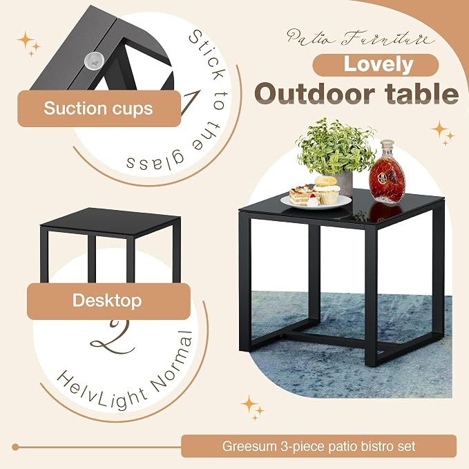 Greesum 3 Piece Patio Furniture Set, All-Weather Imitation Rattan Conversation Set, Outdoor Rocking Chair Bistro Set with Glass Top Coffee Table for Pool, Deck, Porch, Garden or Balcony, Blue