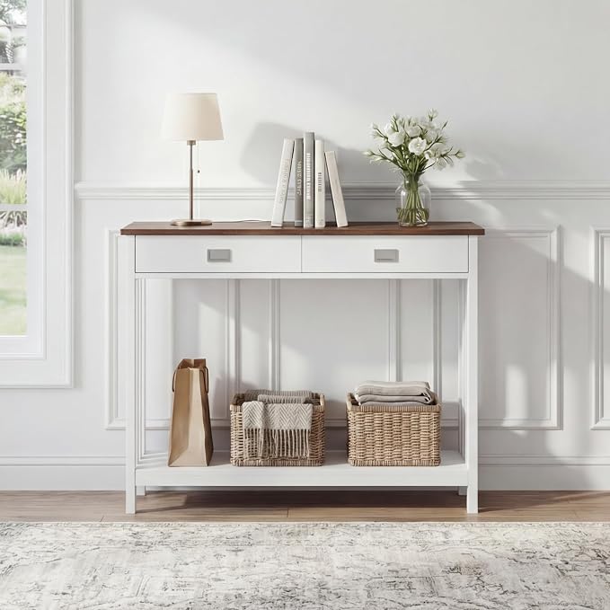 ChooChoo 39" Farmhouse Entryway Table with Drawer, Narrow Console Table with Storage Shelf, Sofa Table for Living Room, Entryway, and Hallway, White and Brown