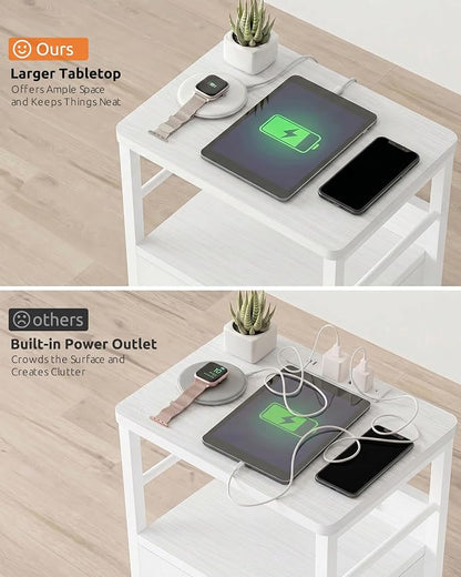 Lazzanto Nightstands Set of 2 with Charger Station, White Night Stand | Open Shelf | Hooks | USB-C USB-A Ports AC Outlets | Fabric Drawer | Bedroom | Living Room | Dorm