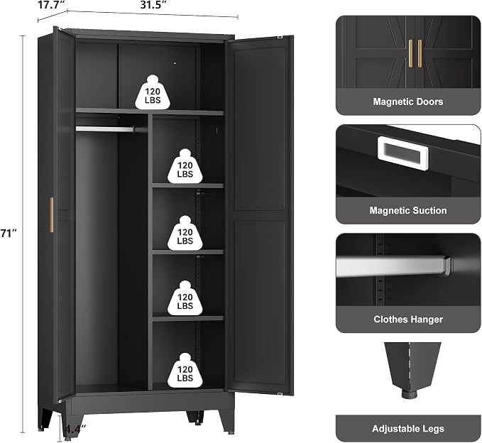 YAUWOH Farmhouse Wardrobe Cabinet,Metal Wardrobe Closet with Hanging Rod,Metal Armoire with Adjustable Shelves for Bedroom,Cloak Room,Office (Black)