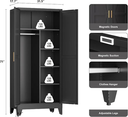 YAUWOH Farmhouse Wardrobe Cabinet,Metal Wardrobe Closet with Hanging Rod,Metal Armoire with Adjustable Shelves for Bedroom,Cloak Room,Office (Black)