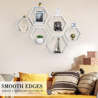 Hexagon Floating Shelves Set of 6, Wall Mounted Wood, Grey | Honeycomb Shelves, Wood Farmhouse Storage, for Wall Decor, Hanging Shelves, for Bedroom Living Room Nursery, Free Combination