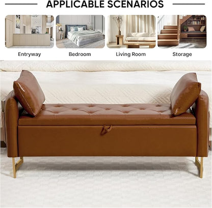 48" End of Bed Bench, Modern Storage Benches with Button-Tufted, Leather Upholstered Storage Ottoman Bench for Foot of Bed with Arms, Gold Legs Window and Entryway, Brown