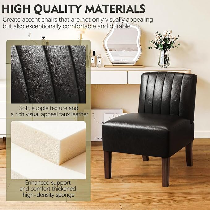 Armless Accent Chairs Upholstered Dining Chairs Living Room Chairs with Solid Wood Legs Leather Reading Chair for Adults Comfy Chair for Bedroom Vanity Kitchen (Black)