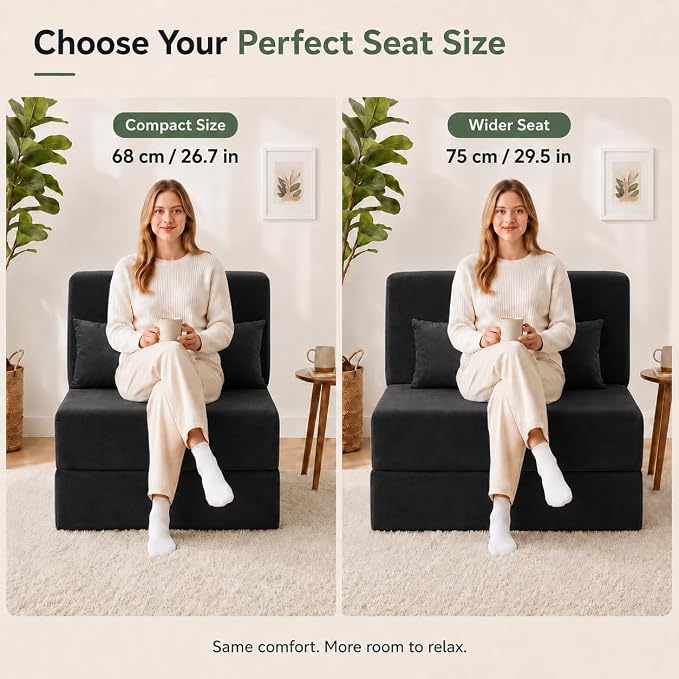 Folding Sofa Bed, Convertible Sleeper Chair with Pillow, Foldable Mattress & Back Support, Portable Floor Lounger Futon for Apartment, Dorm, Living Room, Bedroom (Black,)