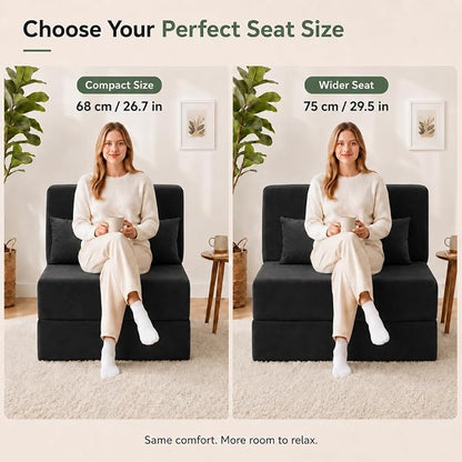 Folding Sofa Bed, Convertible Sleeper Chair with Pillow, Foldable Mattress & Back Support, Portable Floor Lounger Futon for Apartment, Dorm, Living Room, Bedroom, Grey (Black)