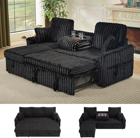 KCGKCG Sleeper Sofa Bed, 81” Pull Out Couch Bed with Reversible Storage Chaise, 3 in 1 L-Shaped Couch with Charging Station, Cup Holder, Side Pocket, Plush Corduroy Couches for Living Room(Black)