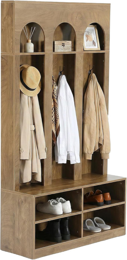 LITTLE TREE Hall Tree, 70" Entryway Bench with Coat Rack and Shoe Storage | 6 Double Hooks, Mudroom Bench with Storage and Hooks, Entryway Storage Furniture, Farmhouse Hall Tree, Hallway Tree, Brown