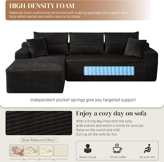 108" L Shaped Cloud Boneless Sectional Couches for Living Room, Modern Comfy Modular Deep Seat Memory Foam Compressed Corduroy Sofa Oversized Left Facing Chaise, No Assembly Required, Balck