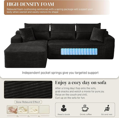 108" L Shaped Cloud Boneless Sectional Couches for Living Room, Modern Comfy Modular Deep Seat Memory Foam Compressed Corduroy Sofa Oversized Left Facing Chaise, No Assembly Required, Balck