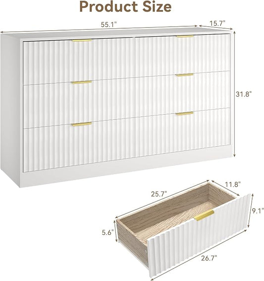 White 6 Drawer Dresser for Bedroom, 55" Wide Fluted Chest of Drawers with Gold Metal Handles, Wood Dresser Storage Organizer Mid Century TV Stand for Living Room Closet Hallway