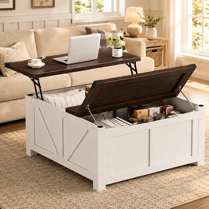 Simple Deluxe Lift Top Coffee Table with Storage, 35.5" Square Coffee Tables for Living Room, Farmhouse Coffee Table with Power Outlets, Coffee Tables with Lifting Top for Living Room (White)